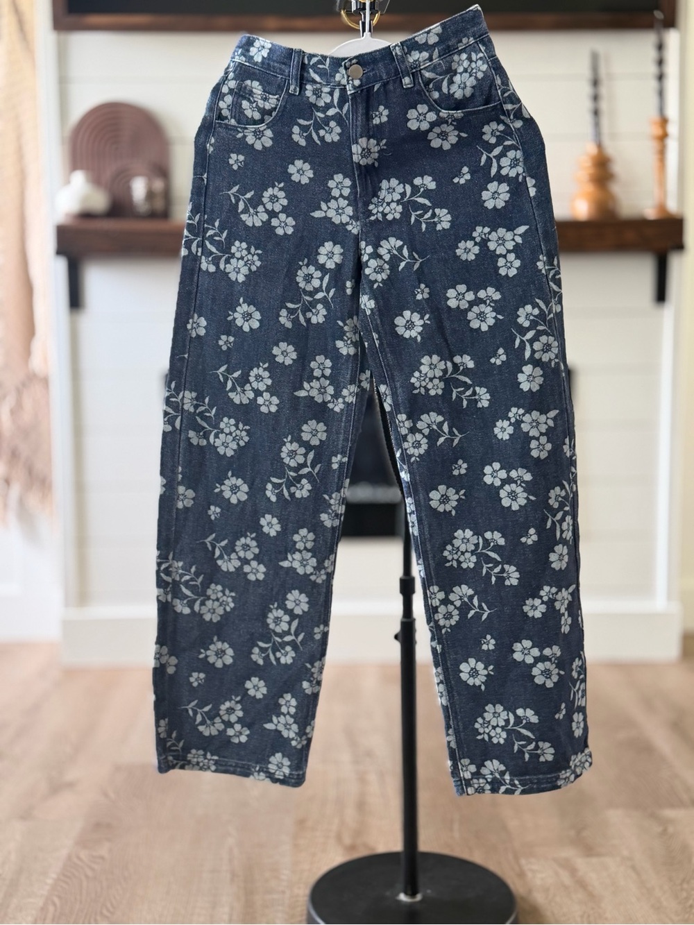 Altar'd State Denim Jeans with White Floral Print
